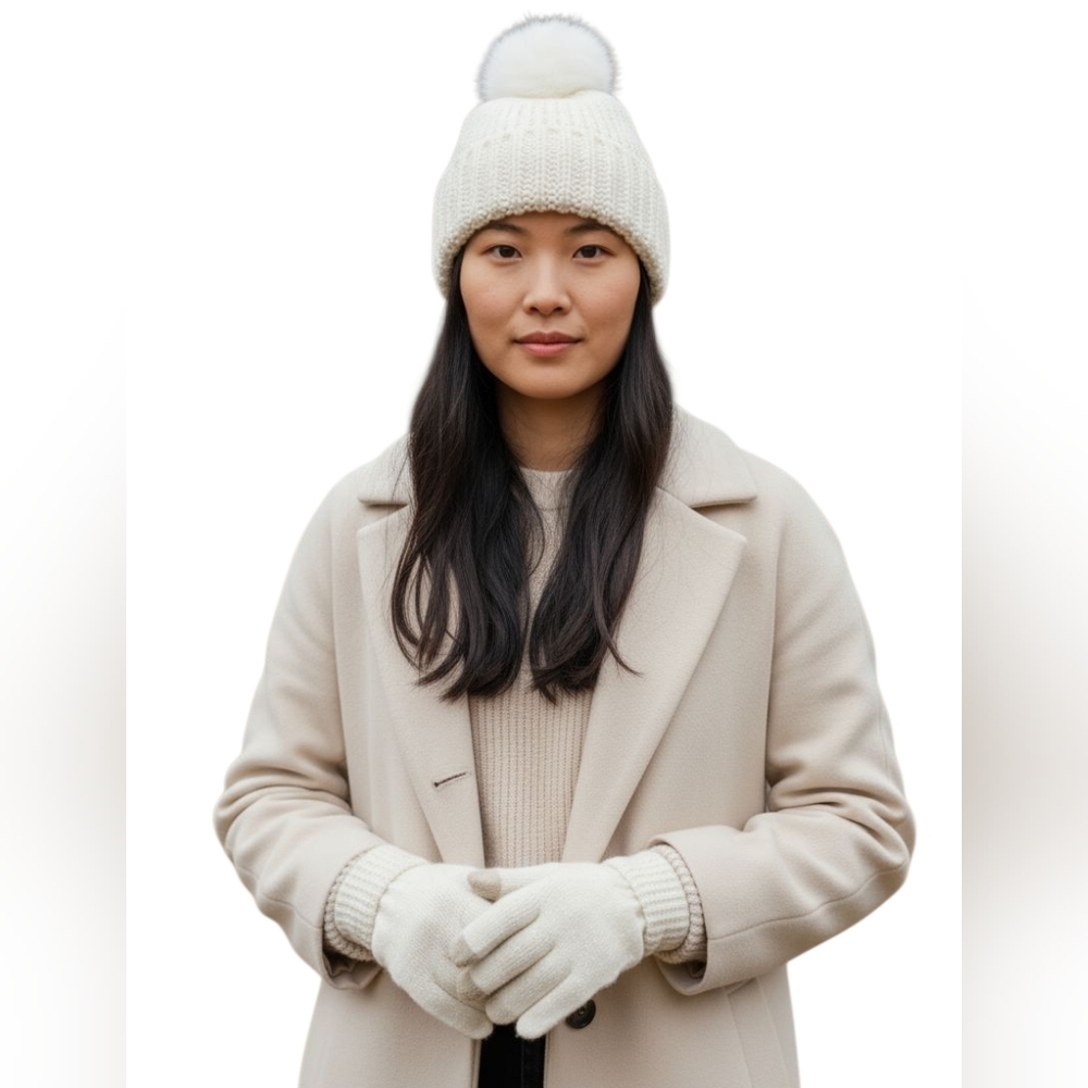Style & Co Women's Cream Faux-Fur Pom Pom Shimmer Beanie and Glove Set - NWT
